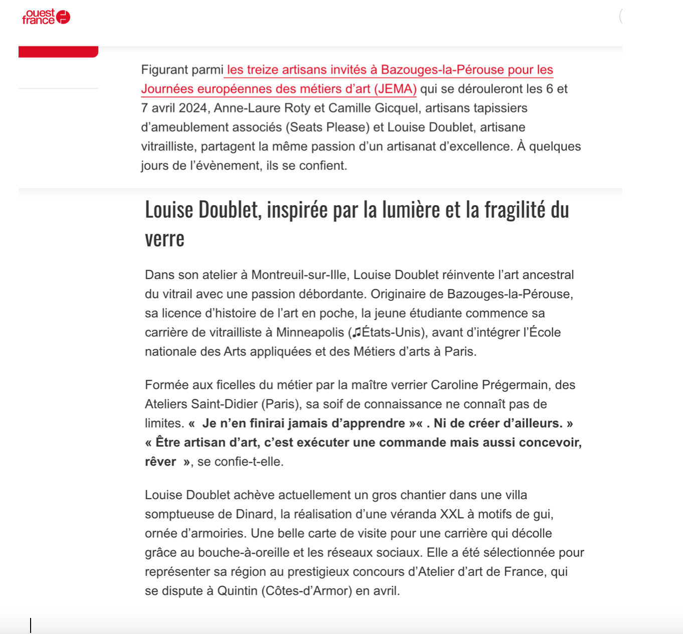 Article relatant la participation aux Journées Européennes des Métiers d’Art
